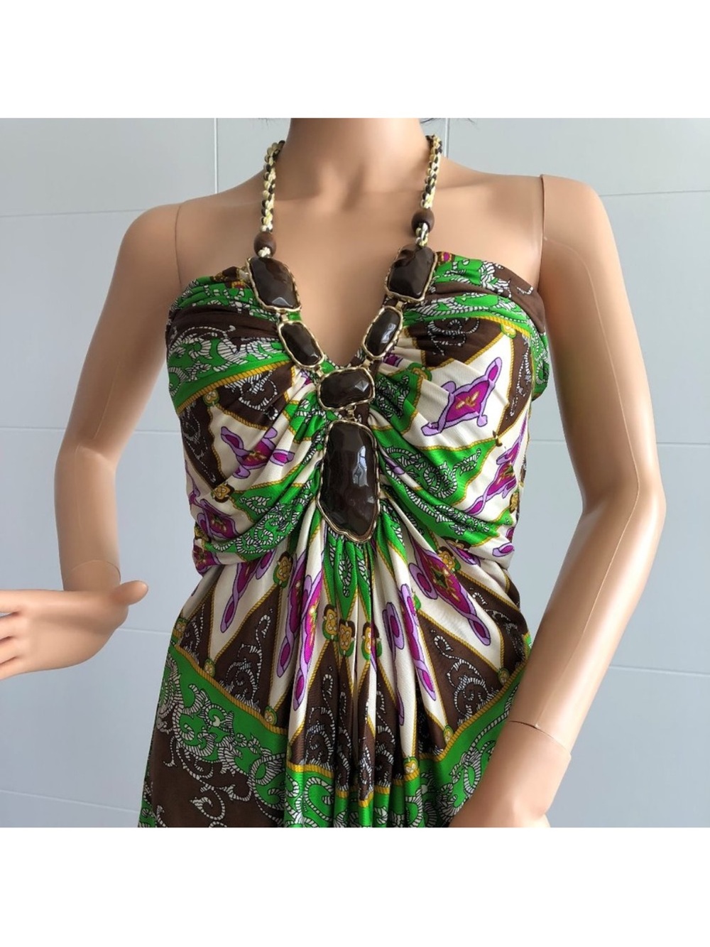 RARE Y2K Sky Gold Necklace halter top with green and brown pattern Small EUC - Picture 4 of 6